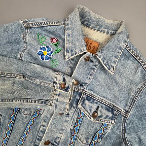 Vintage Gap 1969 Denim Jacket XS Beaded Floral Y2K Custom Folk Boho - Picture 1 of 10